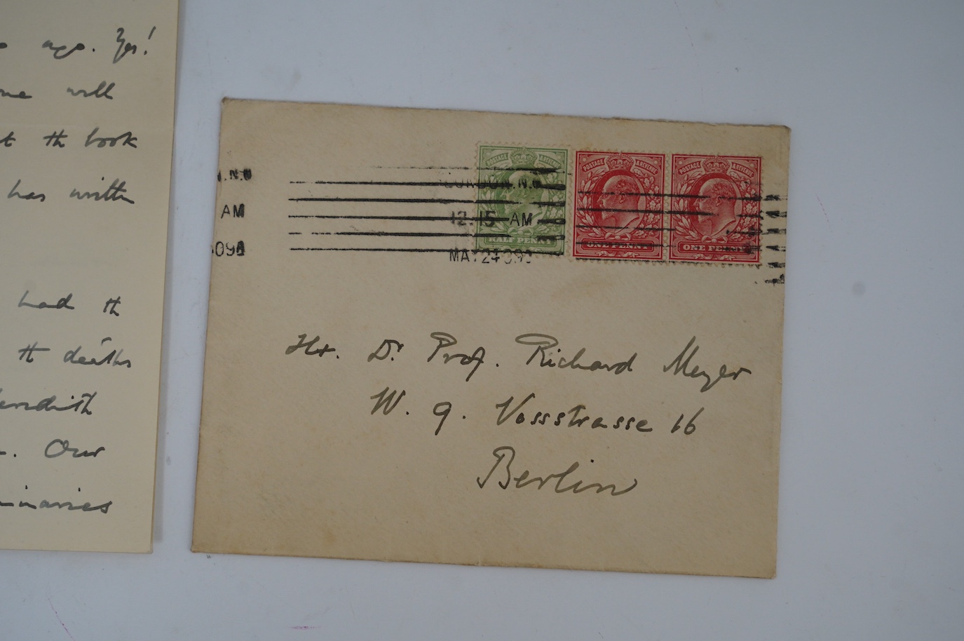 Edmund Gosse (1849-1928). Handwritten letter with full signature, to a Professor Richard Meyer, 23 May 1909. Discusses the “double blow” of the recent deaths of “our two most majestic luminaries”